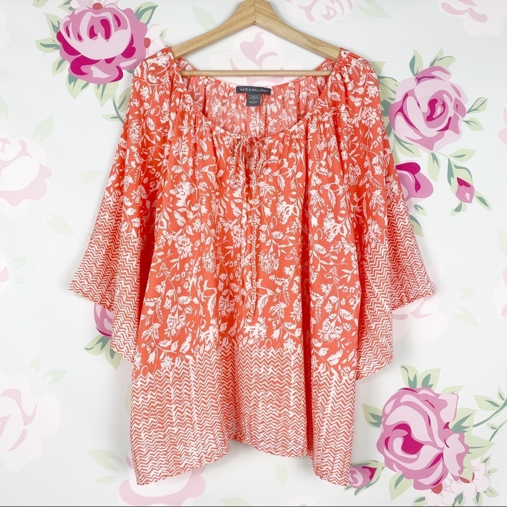 Kate & Mallory Orange Boho Floral Print Wide Sleeves Blouse 1X